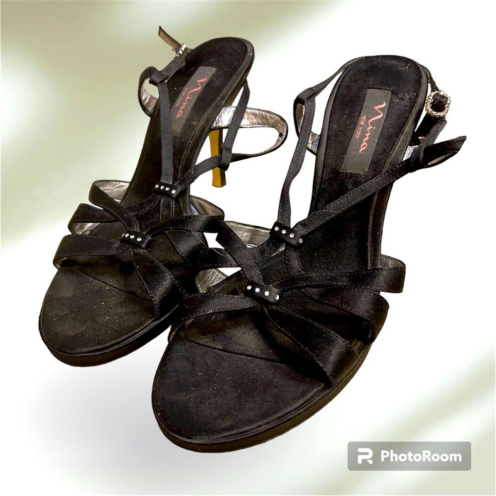 Black Strappy Low Heel with Rhinestones Nina Size 8.5